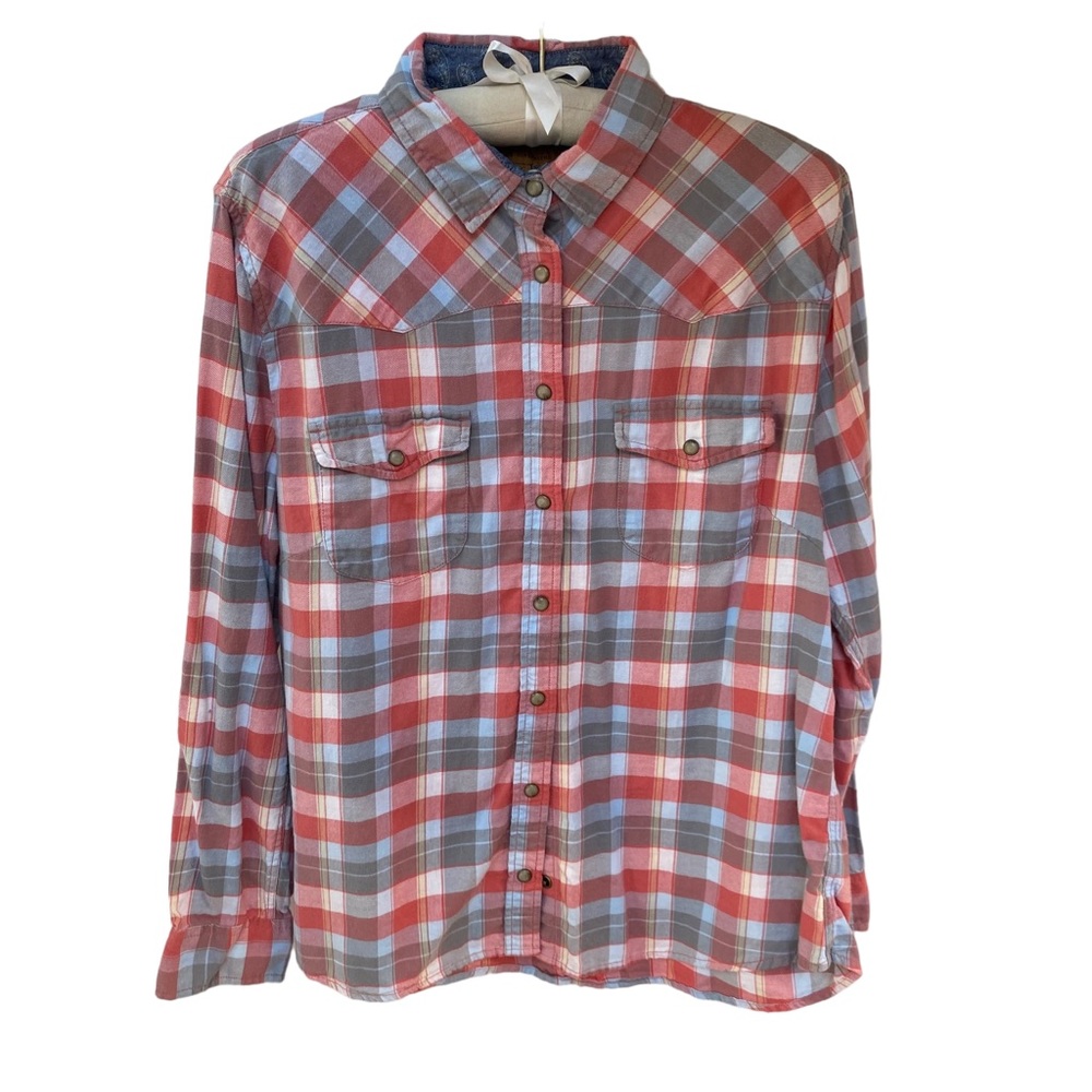 Jach’s Girlfriend Bea Shirt Snap Breast Pocket Blue Pink White Plaid Sz L EUC
